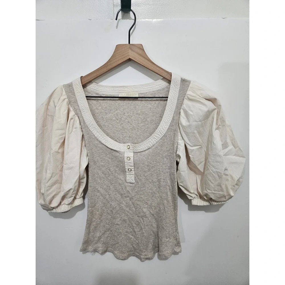 Ulla Johnson Pre-Fall 2022 Mixed Media Puff Sleeve Henley Top Oatmeal P